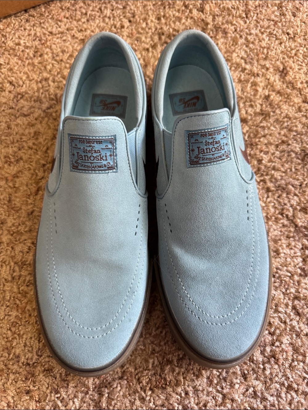 Nike Stefan Janoski Slip-On Suede Shoes - Light Blue with Brown Sole
